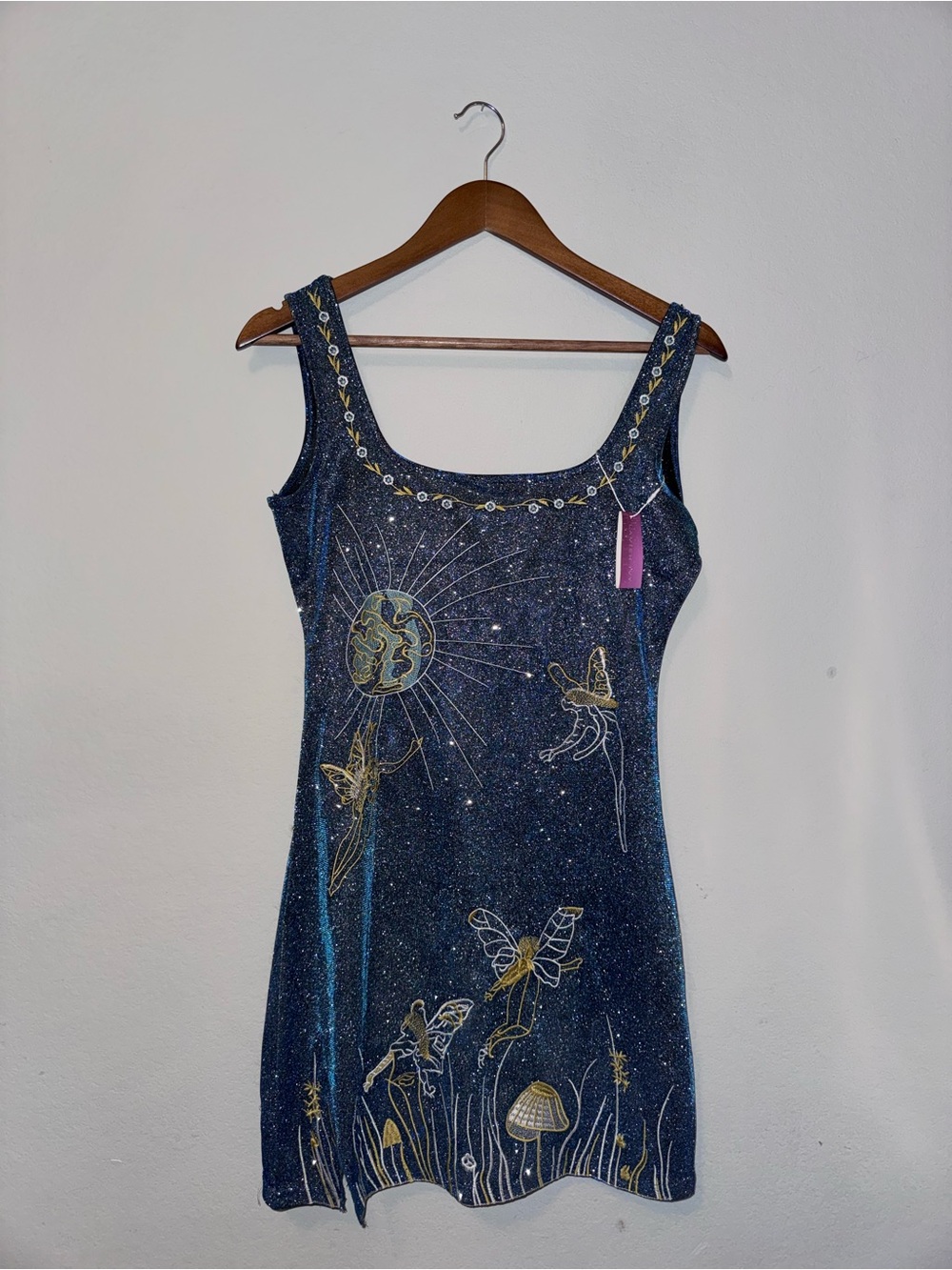 Embroidered Celestial Butterfly Mini Dress - Navy Blue with Gold Accents